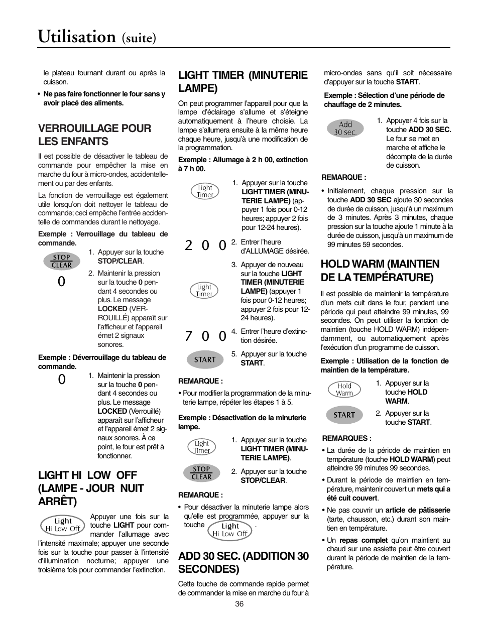 Utilisation, Suite), Verrouillage pour les enfants | Light hi low off (lampe - jour nuit arrêt), Add 30 sec. (addition 30 secondes), Hold warm (maintien de la température), Light timer (minuterie lampe) | Maytag MMV5156AAB User Manual | Page 36 / 84
