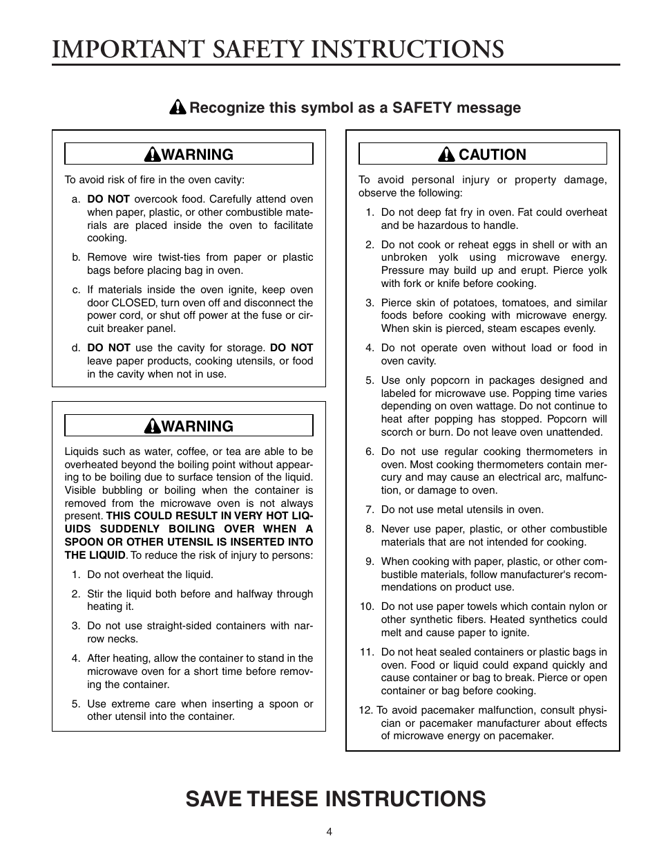 Important safety instructions, Save these instructions, Recognize this symbol as a safety message | Warning, Caution | Maytag MMV5156AAB User Manual | Page 4 / 84