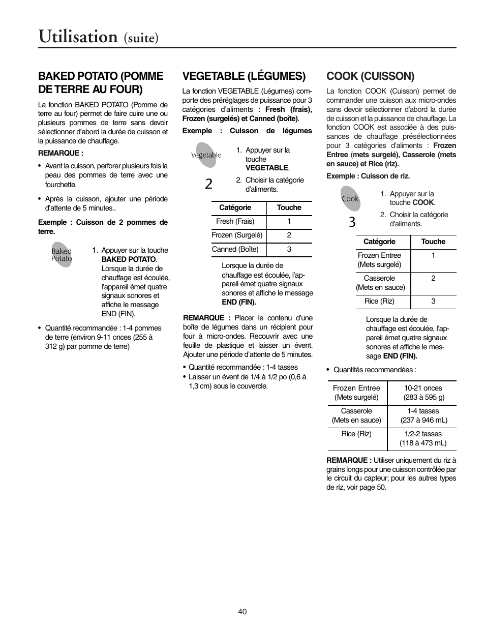 Utilisation, Suite), Cook (cuisson) | Baked potato (pomme de terre au four), Vegetable (légumes) | Maytag MMV5156AAB User Manual | Page 40 / 84