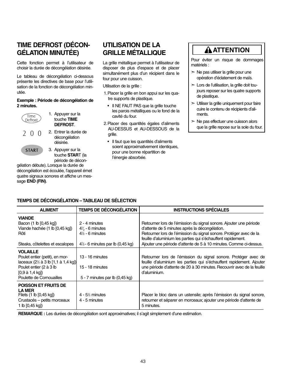 Time defrost (décon- gélation minutée), Attention utilisation de la grille métallique | Maytag MMV5156AAB User Manual | Page 43 / 84