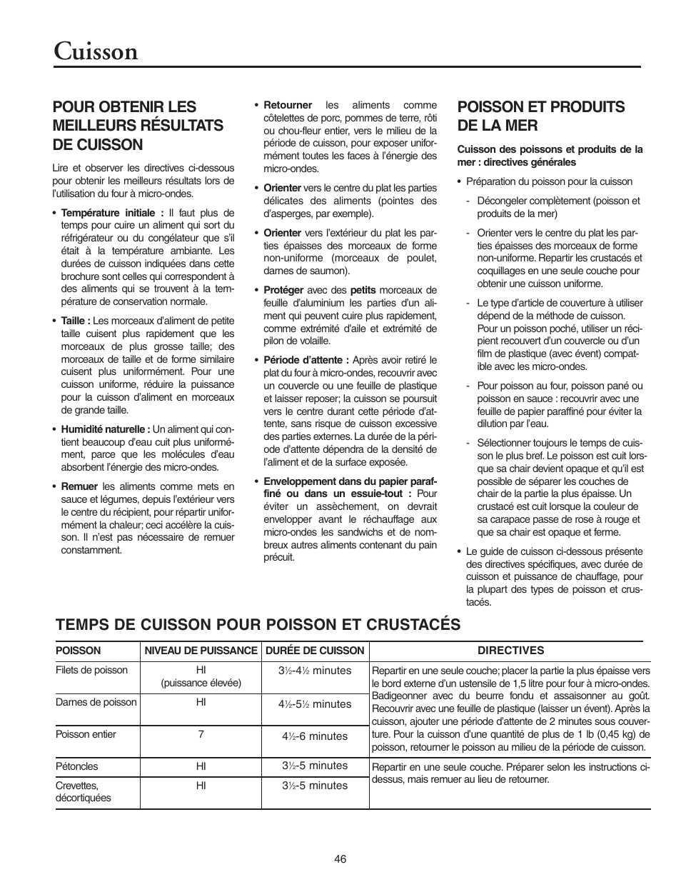 Cuisson, Pour obtenir les meilleurs résultats de cuisson, Poisson et produits de la mer | Temps de cuisson pour poisson et crustacés | Maytag MMV5156AAB User Manual | Page 46 / 84