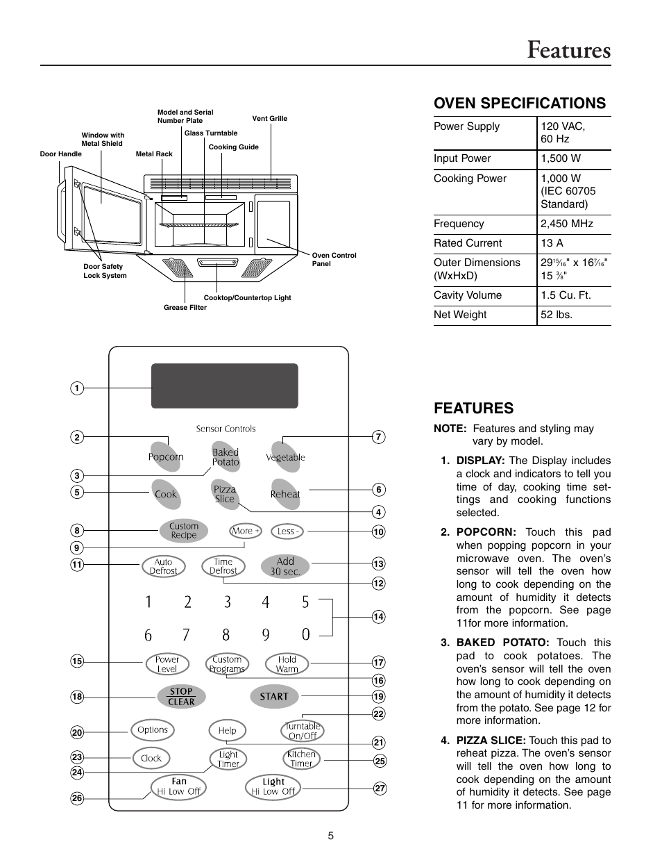 Features, Oven specifications | Maytag MMV5156AAB User Manual | Page 5 / 84