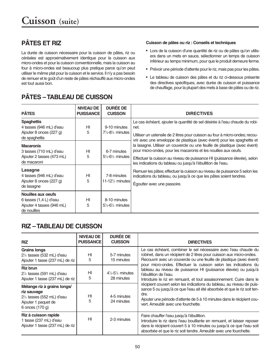 Cuisson, Suite), Pâtes et riz | Pâtes – tableau de cuisson, Riz – tableau de cuisson | Maytag MMV5156AAB User Manual | Page 50 / 84