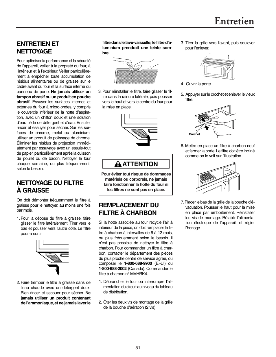 Entretien, Attention remplacement du filtre à charbon, Entretien et nettoyage | Nettoyage du filtre à graisse | Maytag MMV5156AAB User Manual | Page 51 / 84