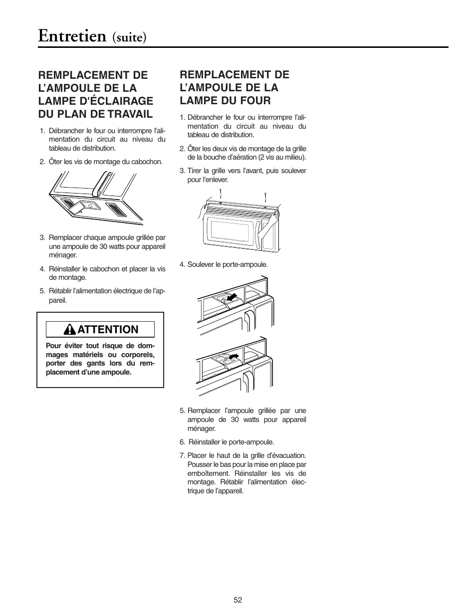 Entretien, Suite), Remplacement de l’ampoule de la lampe du four | Attention | Maytag MMV5156AAB User Manual | Page 52 / 84