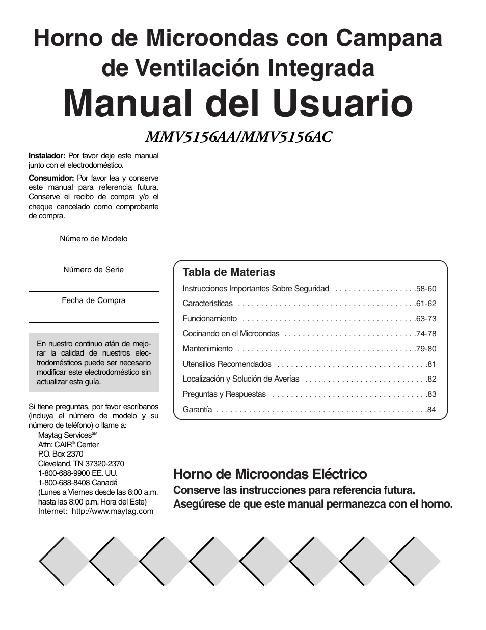 Manual del usuario, Horno de microondas eléctrico | Maytag MMV5156AAB User Manual | Page 57 / 84