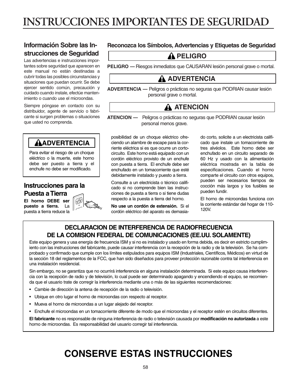 Instrucciones importantes de seguridad, Conserve estas instrucciones, Información sobre las in- strucciones de seguridad | Peligro, Advertencia, Atencion, Instrucciones para la puesta a tierra | Maytag MMV5156AAB User Manual | Page 58 / 84