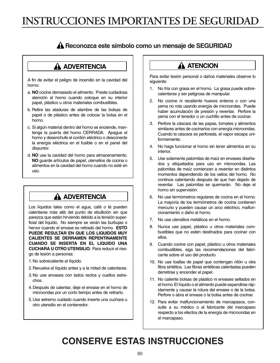 Instrucciones importantes de seguridad, Conserve estas instrucciones, Advertencia | Advertencia atencion | Maytag MMV5156AAB User Manual | Page 60 / 84