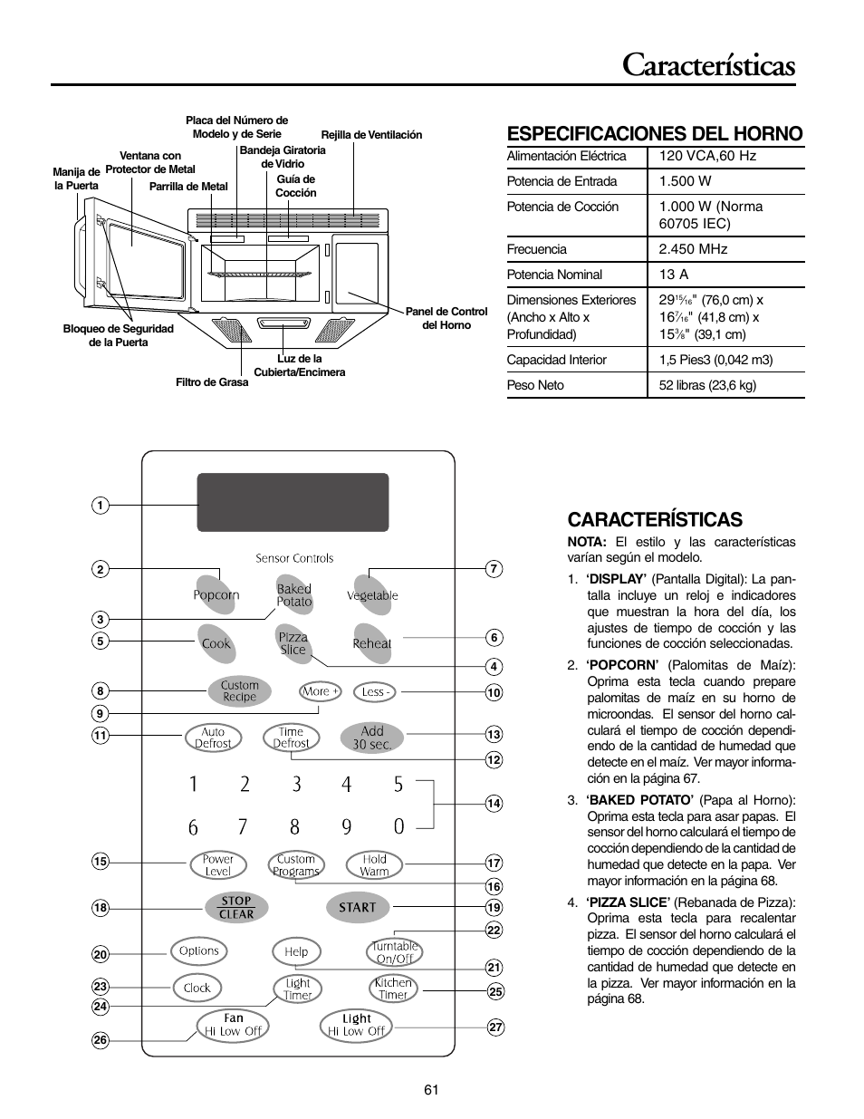 Características, Especificaciones del horno | Maytag MMV5156AAB User Manual | Page 61 / 84