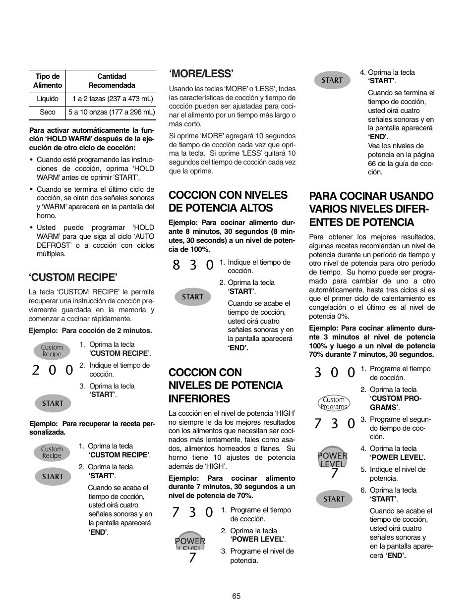 Custom recipe, More/less, Coccion con niveles de potencia inferiores | Coccion con niveles de potencia altos | Maytag MMV5156AAB User Manual | Page 65 / 84