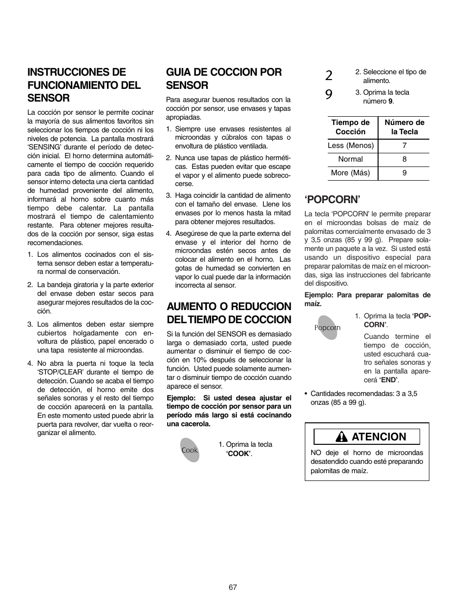 Popcorn, Instrucciones de funcionamiento del sensor, Guia de coccion por sensor | Aumento o reduccion del tiempo de coccion, Atencion | Maytag MMV5156AAB User Manual | Page 67 / 84