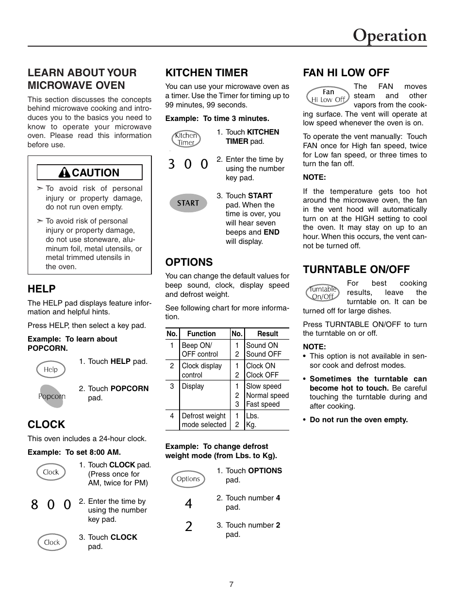 Operation, Learn about your microwave oven, Caution help | Clock, Kitchen timer, Options, Fan hi low off, Turntable on/off | Maytag MMV5156AAB User Manual | Page 7 / 84