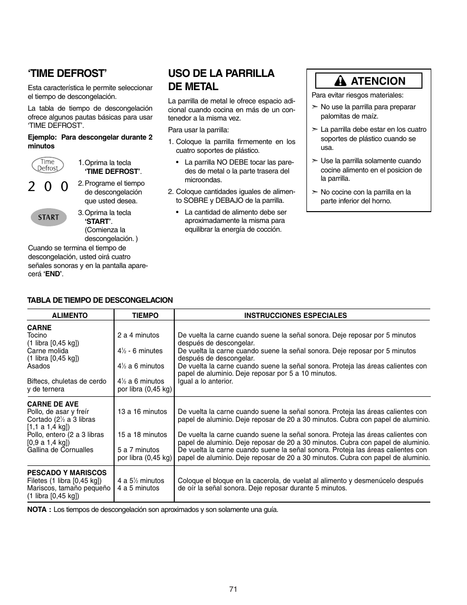 Time defrost, Atencion uso de la parrilla de metal | Maytag MMV5156AAB User Manual | Page 71 / 84