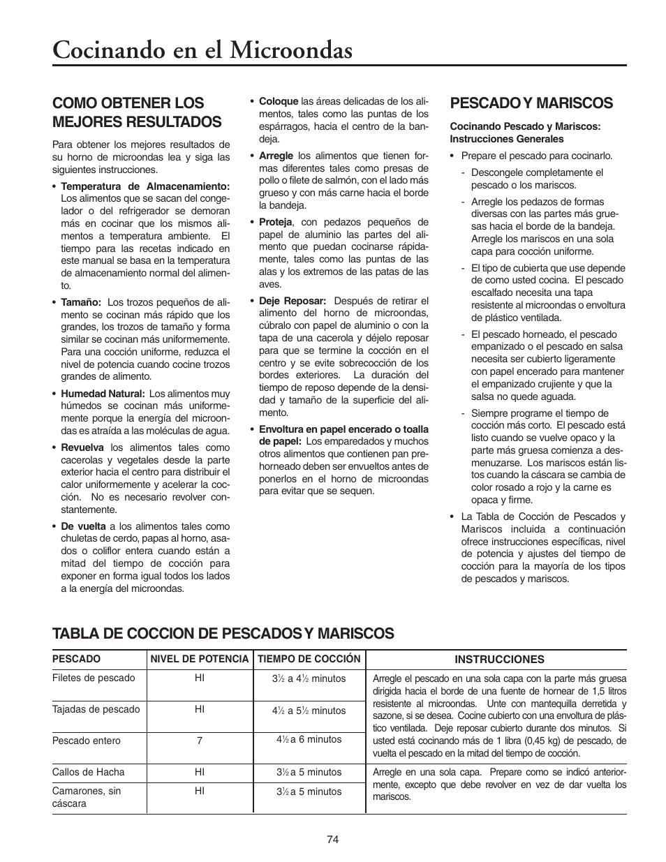 Cocinando en el microondas, Como obtener los mejores resultados, Pescado y mariscos | Tabla de coccion de pescados y mariscos | Maytag MMV5156AAB User Manual | Page 74 / 84