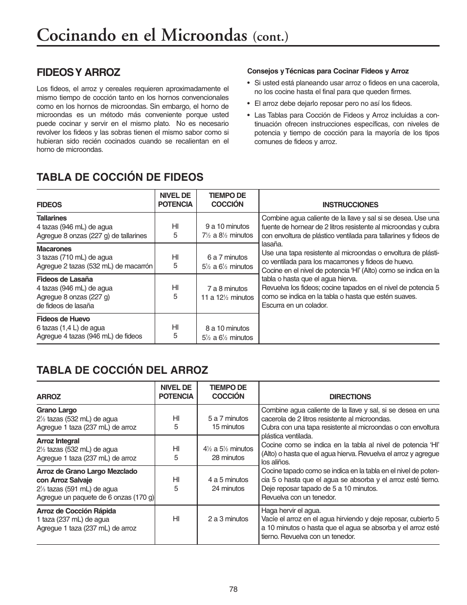 Cocinando en el microondas, Cont.), Fideos y arroz | Tabla de cocción de fideos, Tabla de cocción del arroz | Maytag MMV5156AAB User Manual | Page 78 / 84