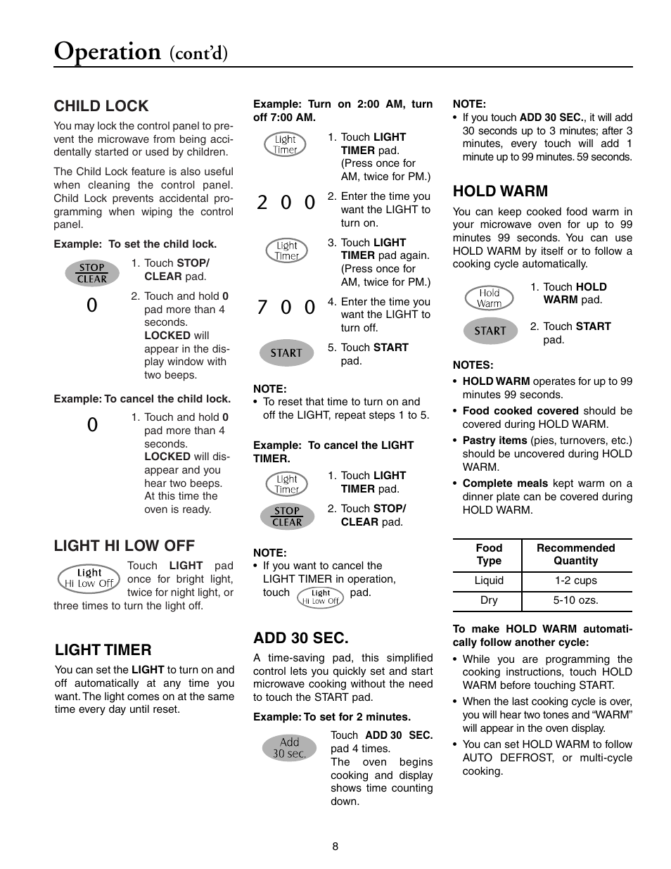 Operation, Cont’d), Child lock | Light hi low off, Light timer, Add 30 sec, Hold warm | Maytag MMV5156AAB User Manual | Page 8 / 84