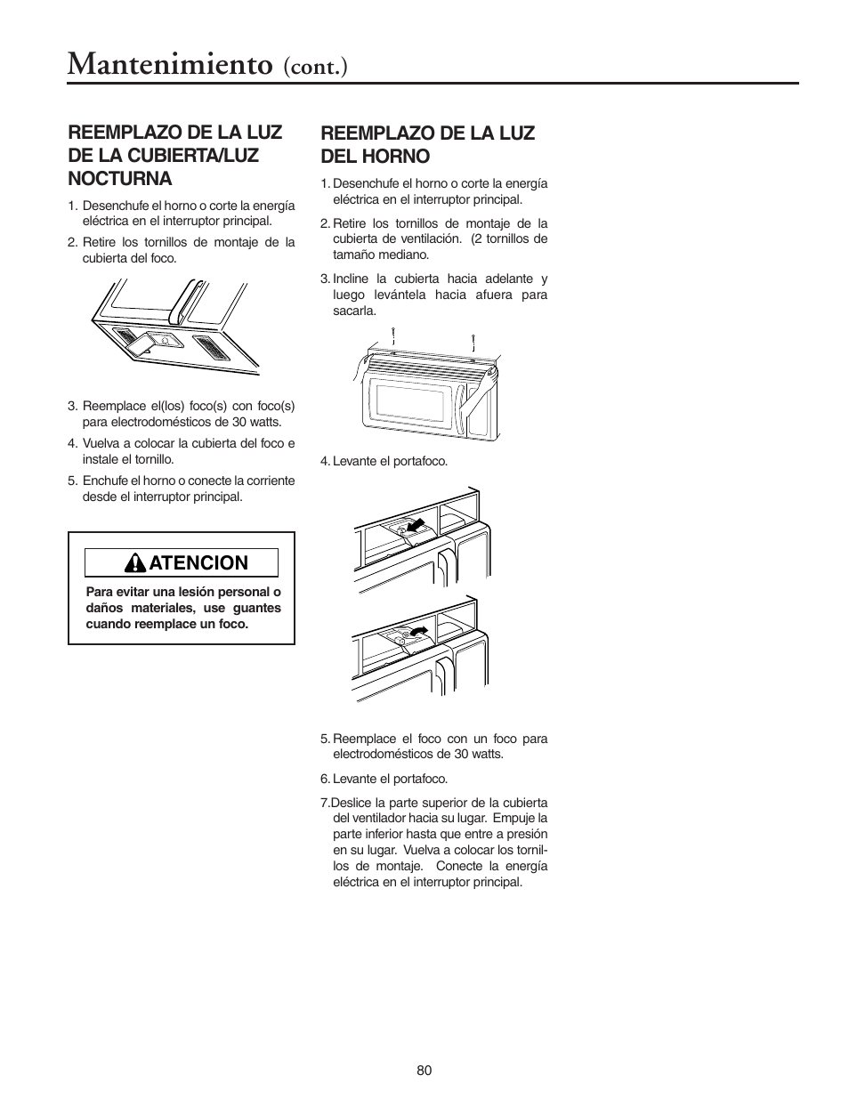 Mantenimiento, Cont.), Reemplazo de la luz del horno | Reemplazo de la luz de la cubierta/luz nocturna, Atencion | Maytag MMV5156AAB User Manual | Page 80 / 84