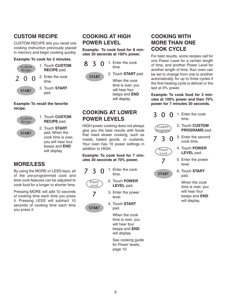 Custom recipe, More/less, Cooking at lower power levels | Cooking with more than one cook cycle, Cooking at high power level | Maytag MMV5156AAB User Manual | Page 9 / 84