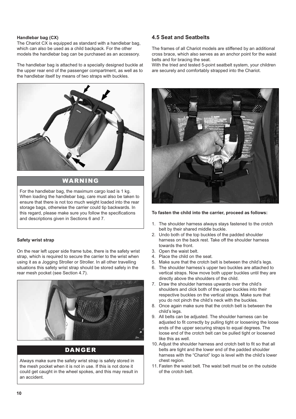 Danger, Warning | Chariot Carriers CX 1 User Manual | Page 10 / 52