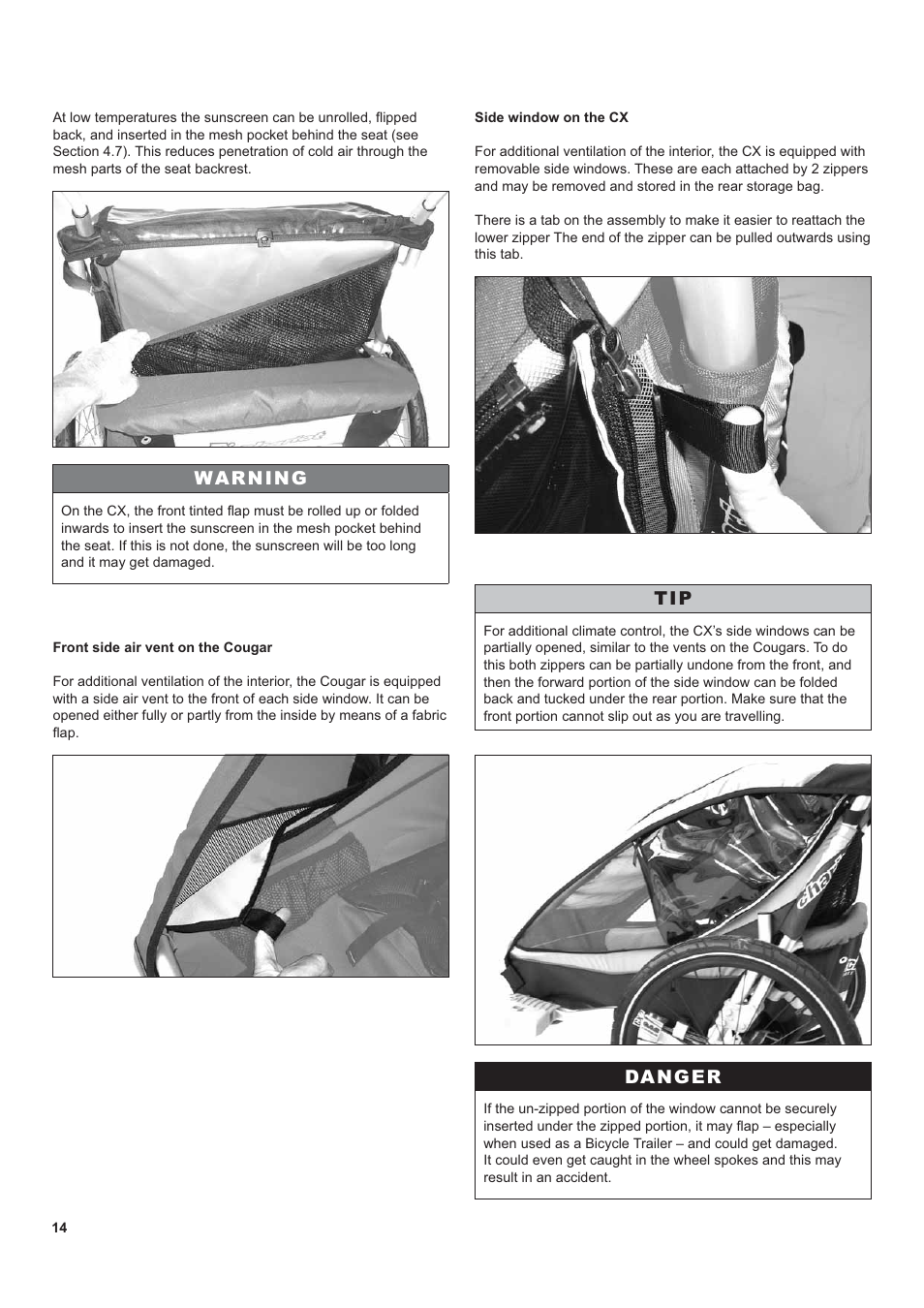 Warning, Danger | Chariot Carriers CX 1 User Manual | Page 14 / 52