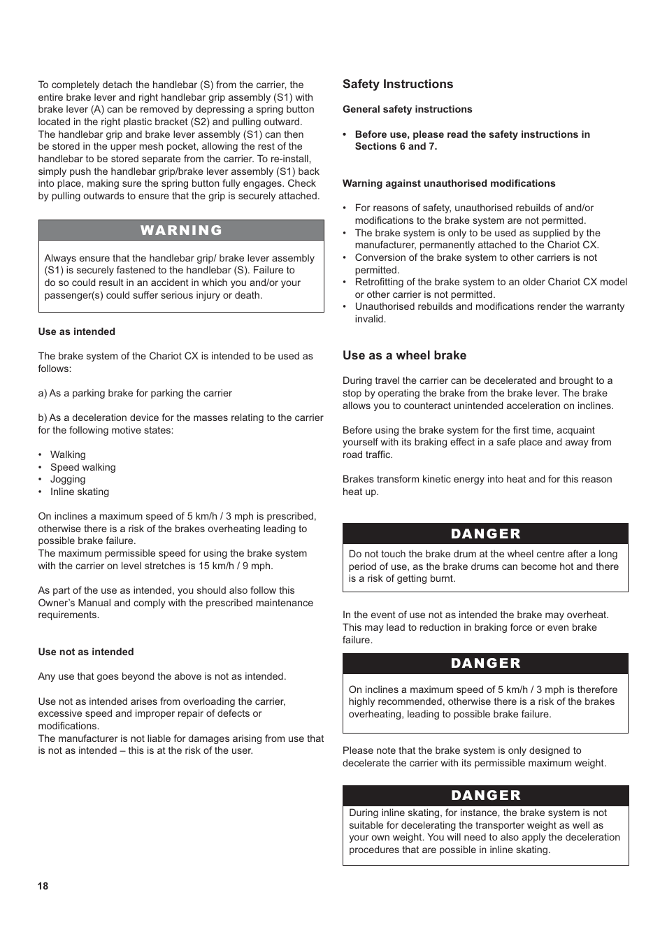 Danger, Warning | Chariot Carriers CX 1 User Manual | Page 18 / 52