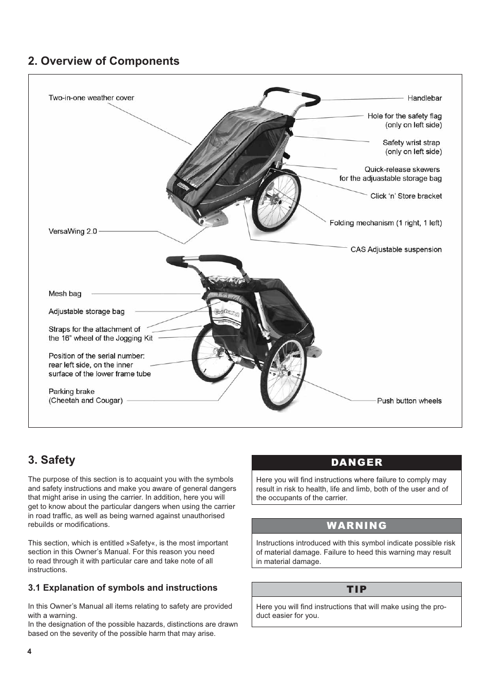 Overview of components 3. safety | Chariot Carriers CX 1 User Manual | Page 4 / 52