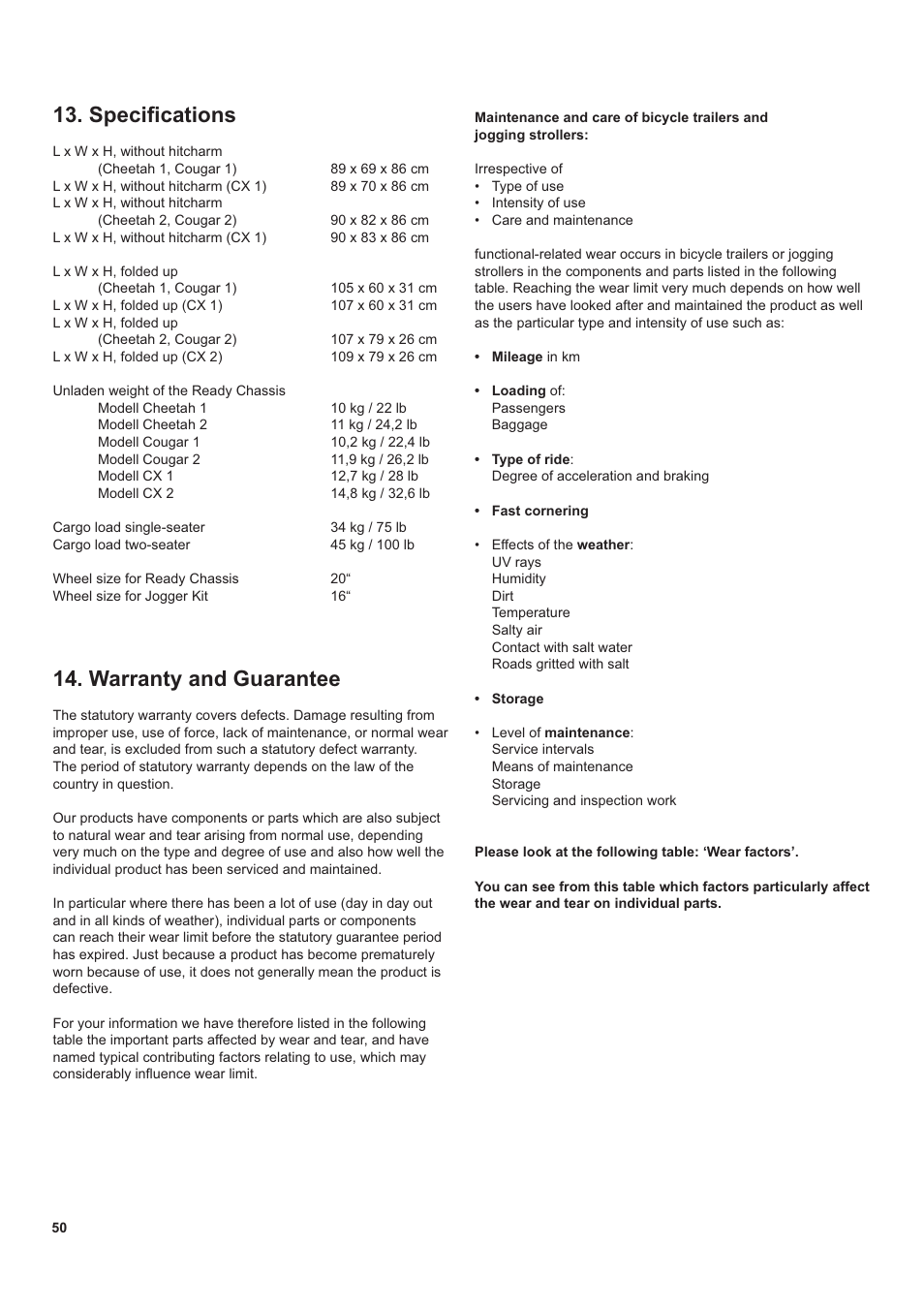 6shfl¿fdwlrqv, Warranty and guarantee | Chariot Carriers CX 1 User Manual | Page 50 / 52