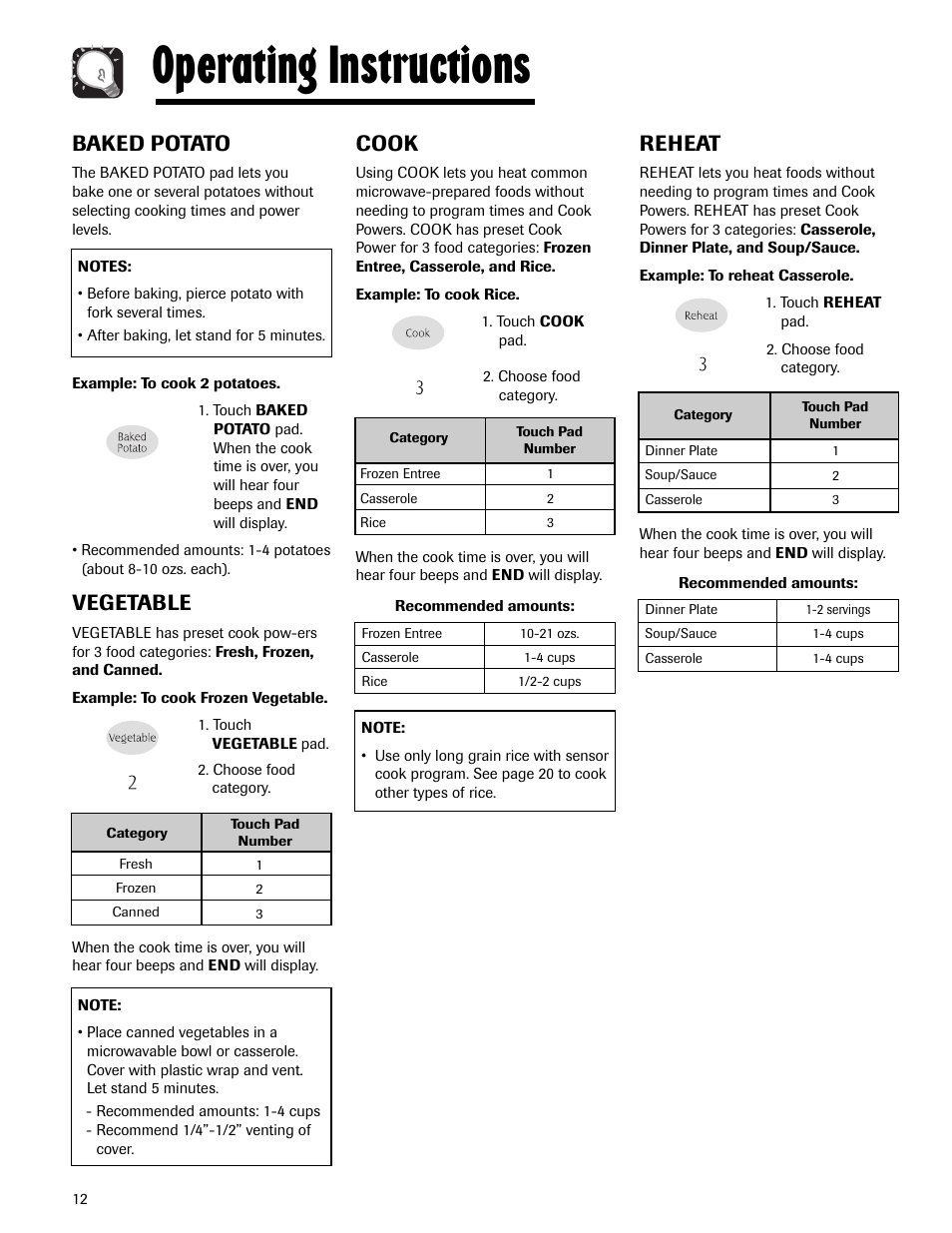 Operating instructions, Reheat, Cook | Baked potato, Vegetable | Maytag MMV5165AAS User Manual | Page 12 / 80