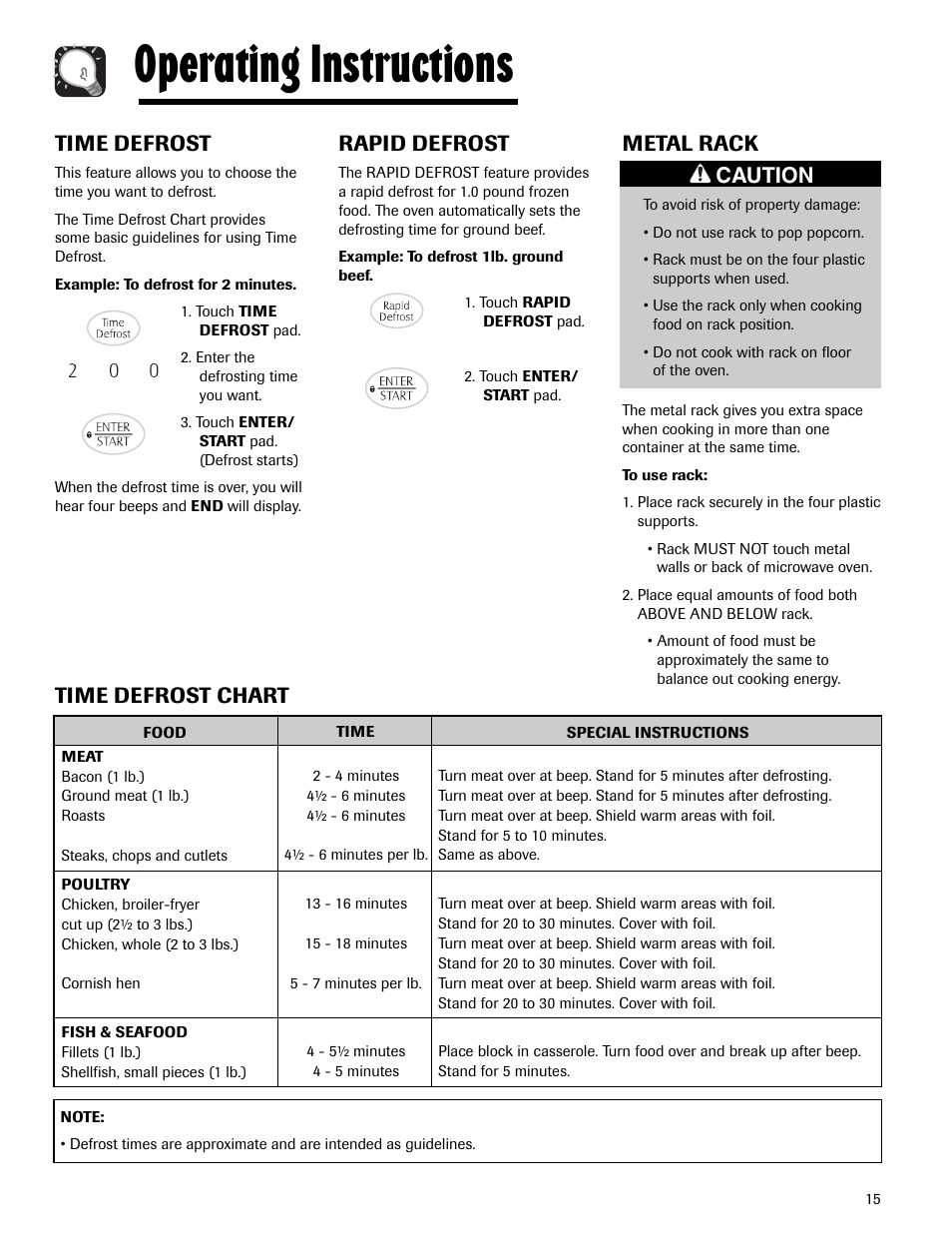 Operating instructions, Rapid defrost, Time defrost | Time defrost chart, Metal rack, Caution | Maytag MMV5165AAS User Manual | Page 15 / 80