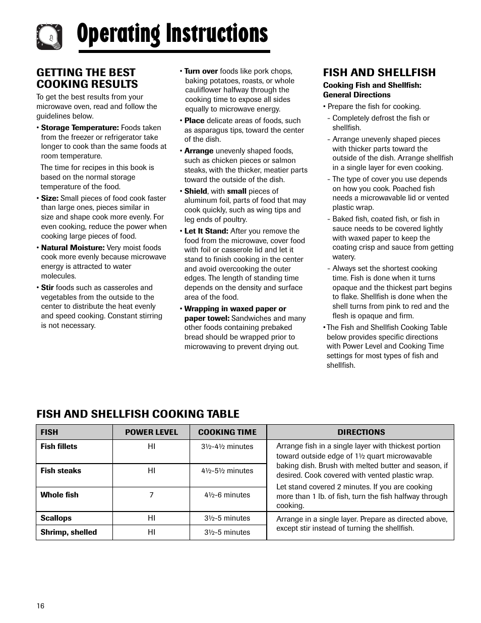 Operating instructions, Getting the best cooking results, Fish and shellfish | Fish and shellfish cooking table | Maytag MMV5165AAS User Manual | Page 16 / 80