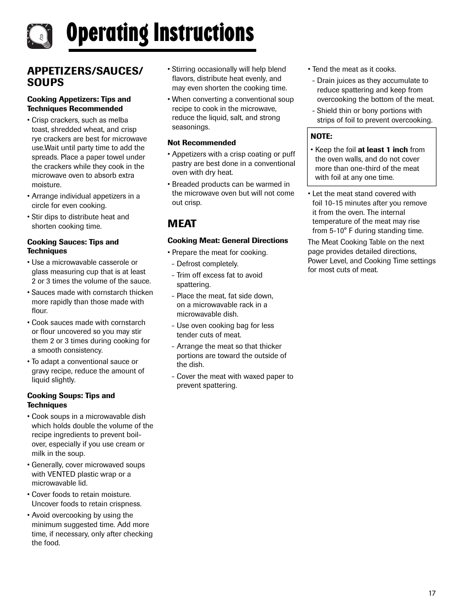 Operating instructions, Appetizers/sauces/ soups, Meat | Maytag MMV5165AAS User Manual | Page 17 / 80