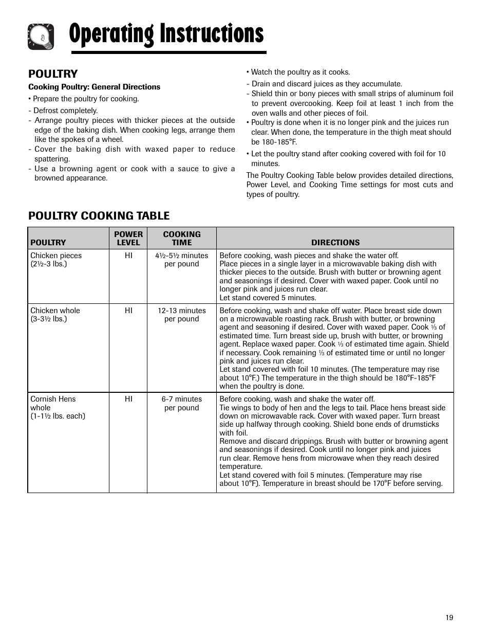 Operating instructions, Poultry, Poultry cooking table | Maytag MMV5165AAS User Manual | Page 19 / 80