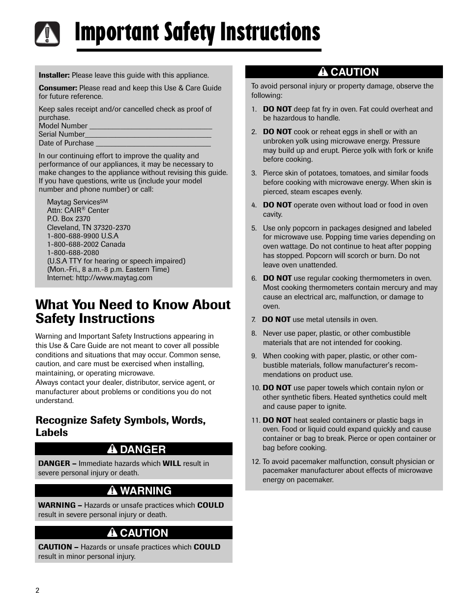 Important safety instructions, What you need to know about safety instructions, Recognize safety symbols, words, labels danger | Warning, Caution | Maytag MMV5165AAS User Manual | Page 2 / 80