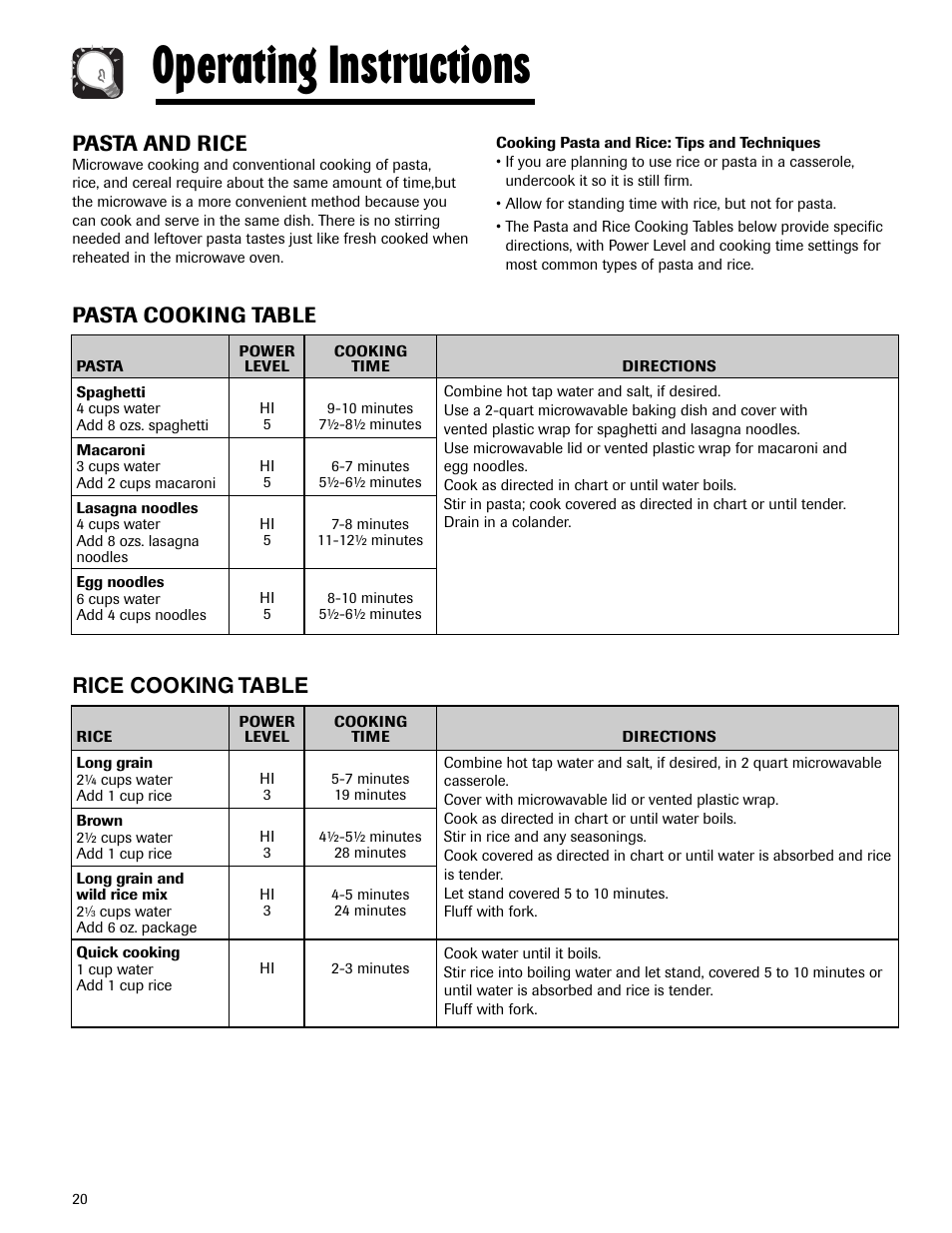 Operating instructions, Pasta and rice, Pasta cooking table | Rice cooking table | Maytag MMV5165AAS User Manual | Page 20 / 80