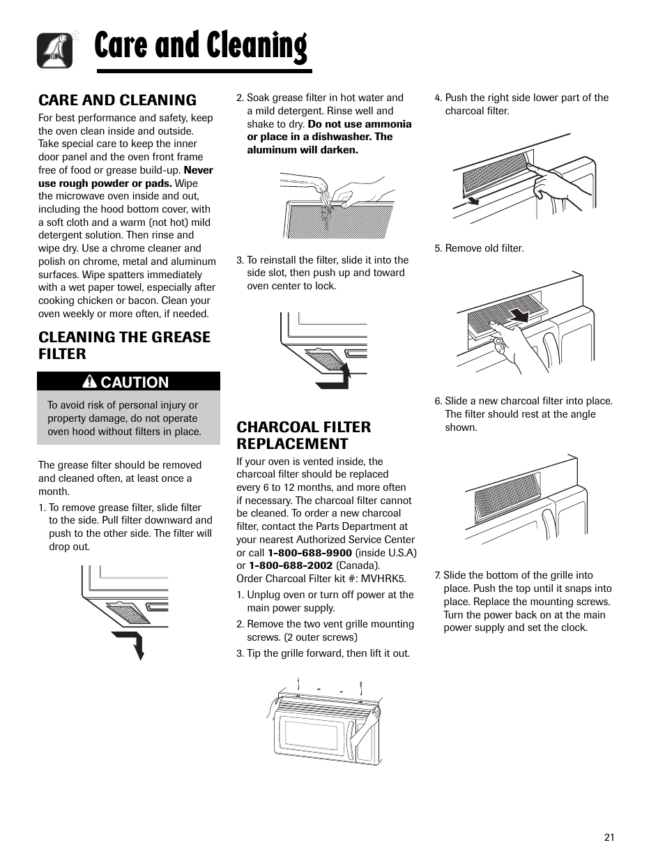 Care and cleaning, Cleaning the grease filter, Charcoal filter replacement | Caution | Maytag MMV5165AAS User Manual | Page 21 / 80