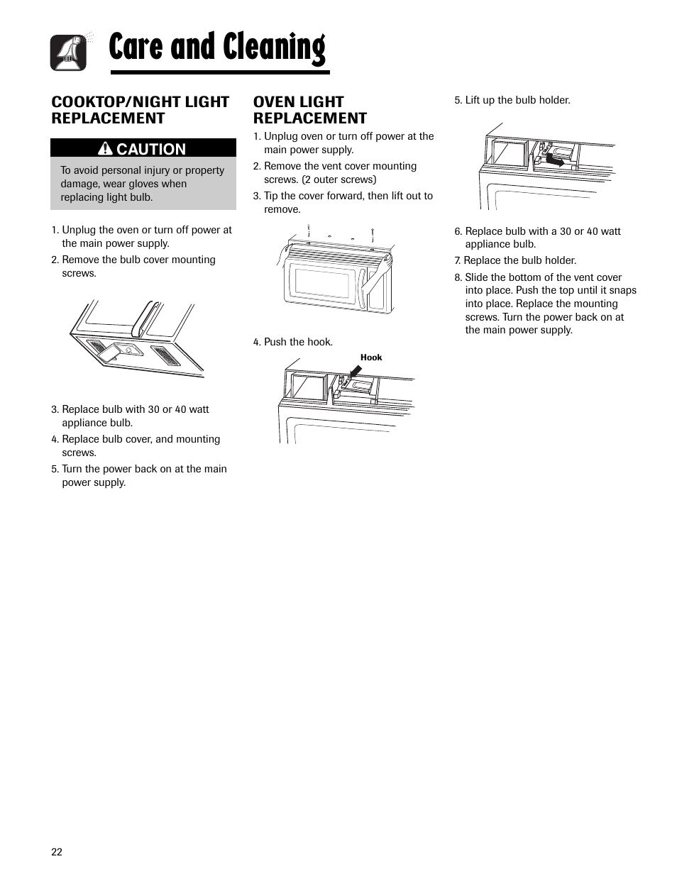 Care and cleaning, Oven light replacement, Cooktop/night light replacement | Caution | Maytag MMV5165AAS User Manual | Page 22 / 80