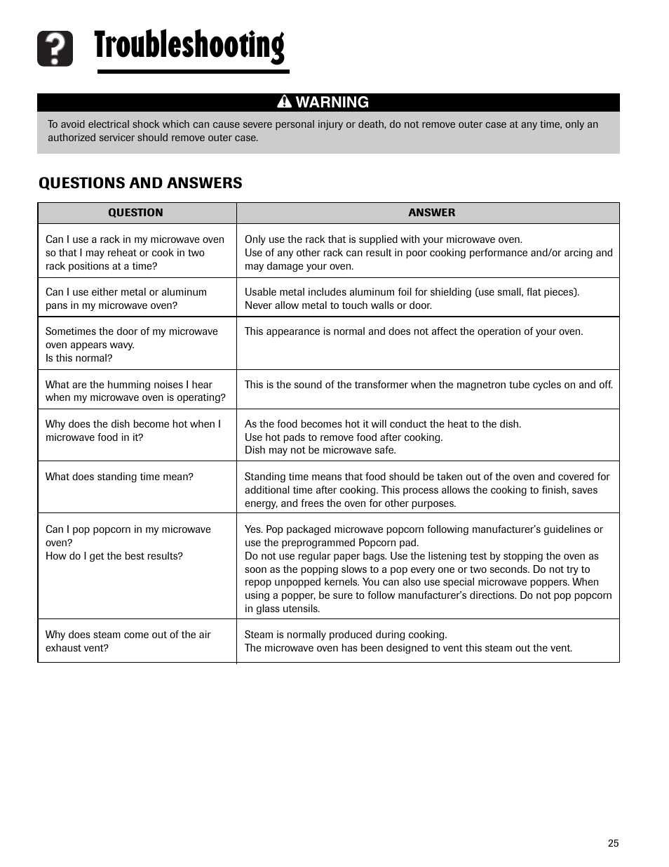 Troubleshooting, Questions and answers, Warning | Maytag MMV5165AAS User Manual | Page 25 / 80