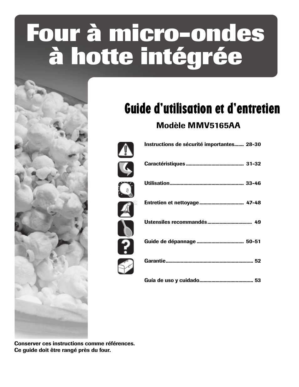 Four à micro-ondes à hotte intégrée, Guide d’utilisation et d’entretien | Maytag MMV5165AAS User Manual | Page 27 / 80