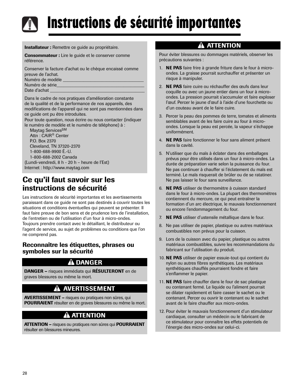 Instructions de sécurité importantes, Avertissement, Attention | Maytag MMV5165AAS User Manual | Page 28 / 80