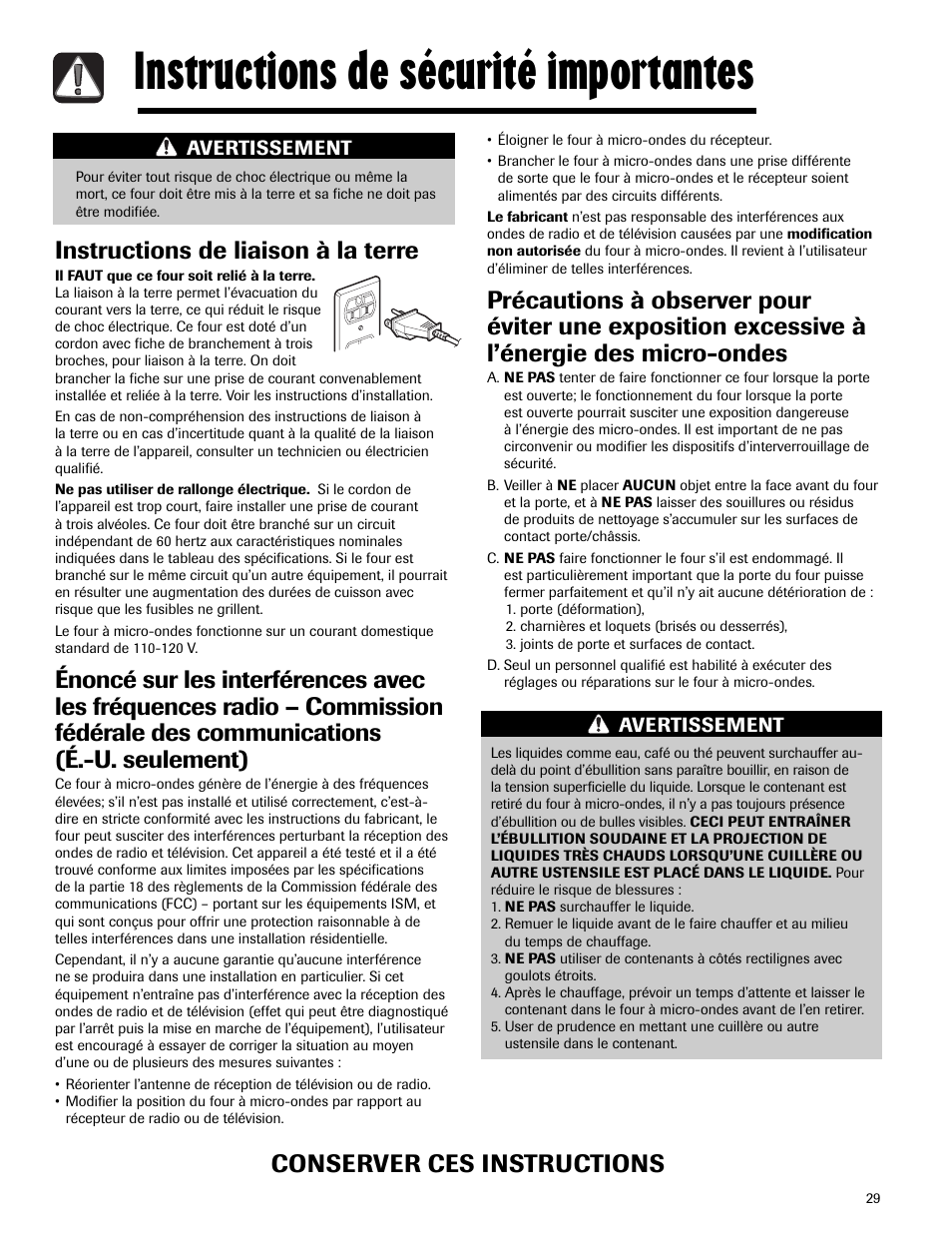 Instructions de sécurité importantes, Instructions de liaison à la terre, Conserver ces instructions | Avertissement | Maytag MMV5165AAS User Manual | Page 29 / 80