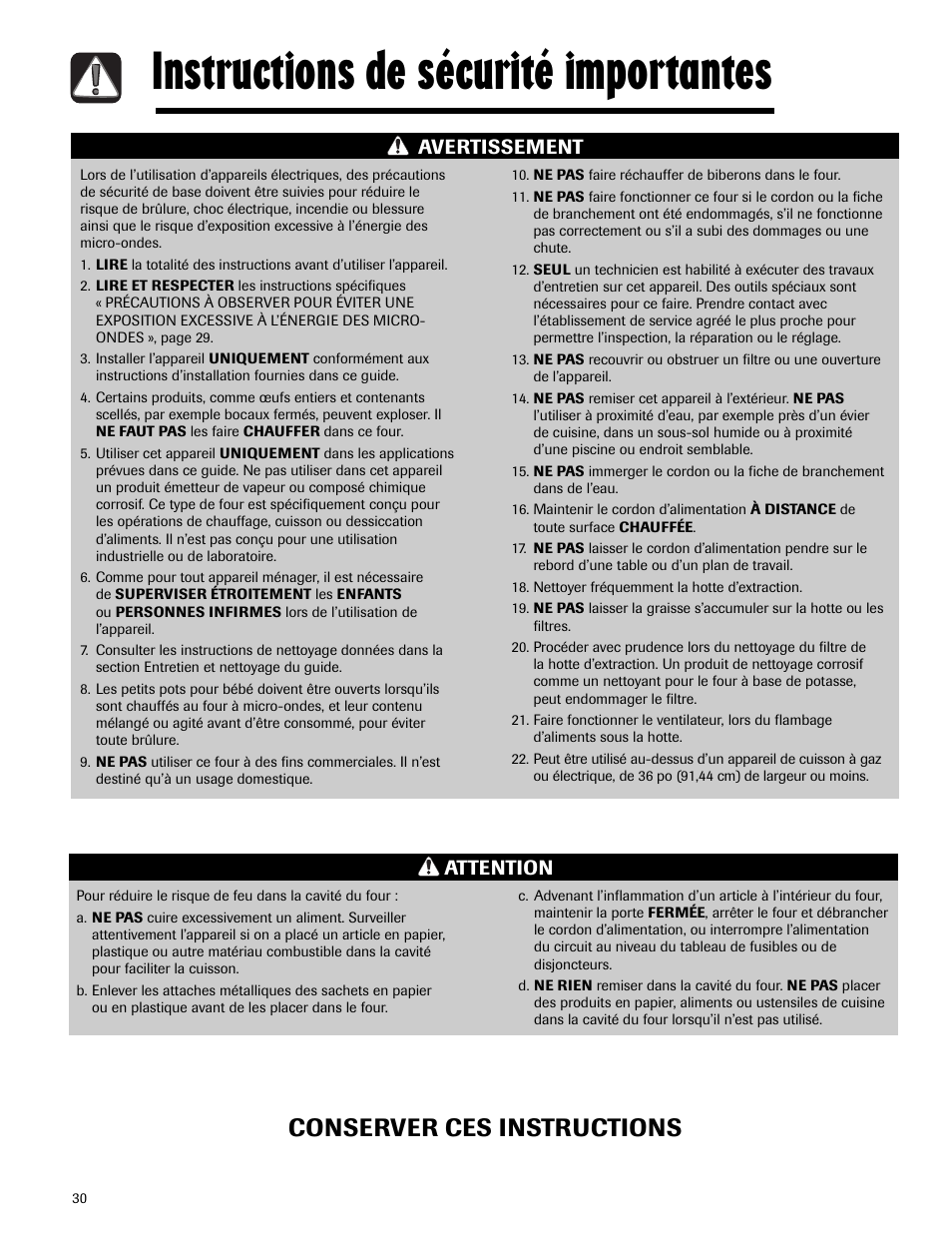 Instructions de sécurité importantes, Conserver ces instructions, Attention | Avertissement | Maytag MMV5165AAS User Manual | Page 30 / 80