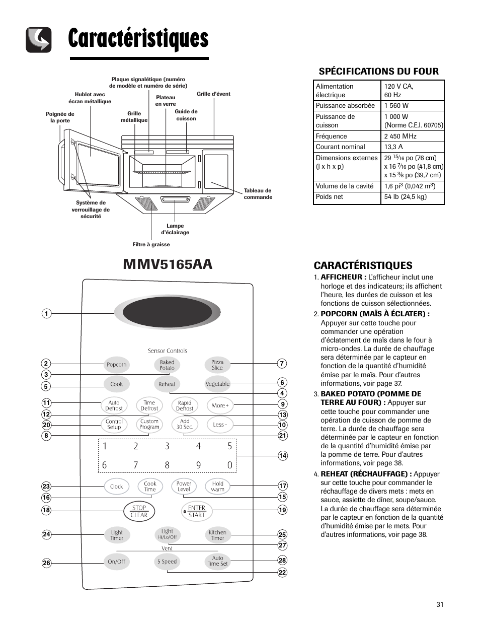 Caractéristiques, Mmv5165aa, Spécifications du four | Maytag MMV5165AAS User Manual | Page 31 / 80