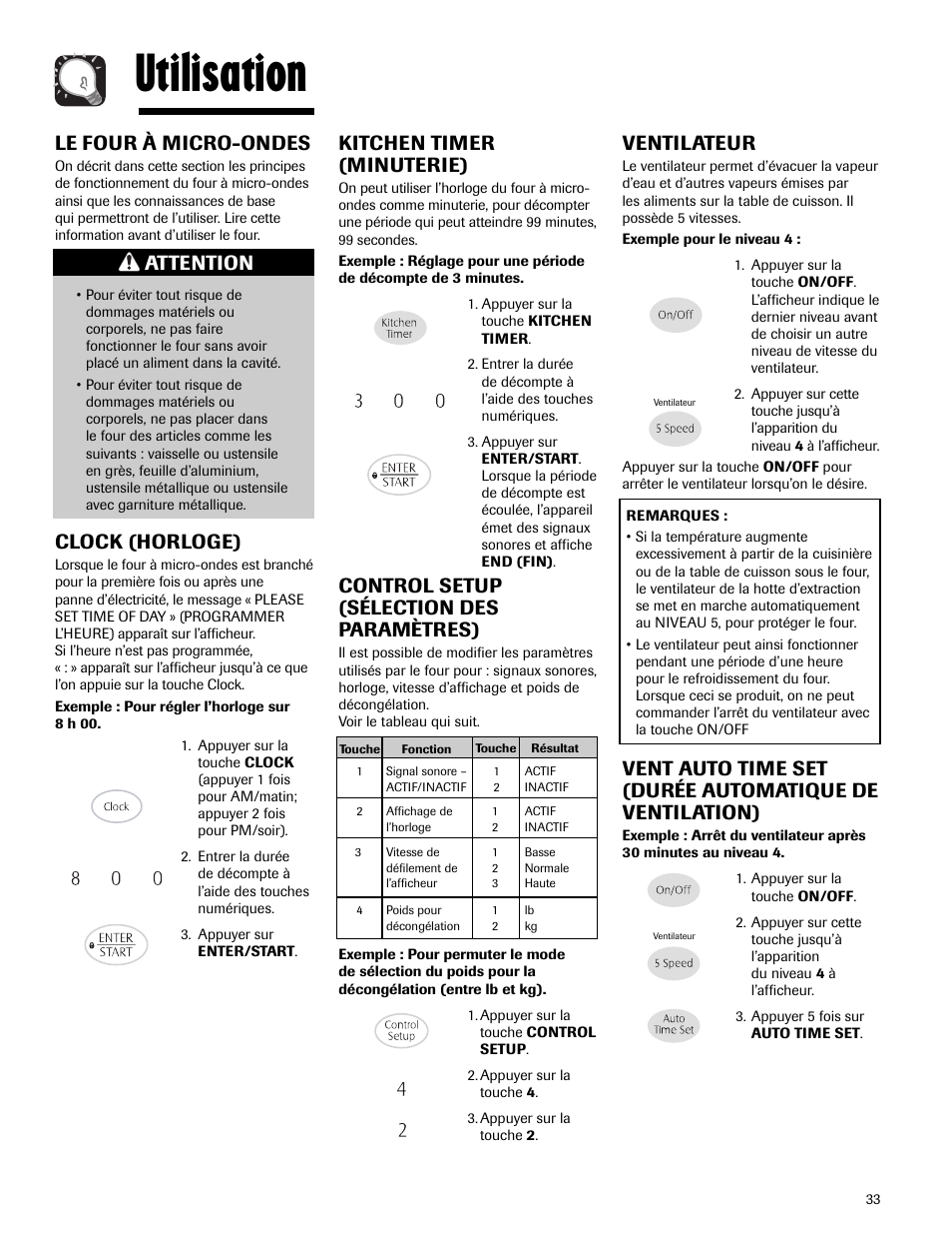 Utilisation, Kitchen timer (minuterie), Control setup (sélection des paramètres) | Le four à micro-ondes, Clock (horloge), Ventilateur, Attention | Maytag MMV5165AAS User Manual | Page 33 / 80