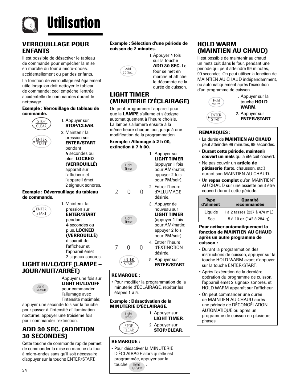 Utilisation, Hold warm (maintien au chaud), Verrouillage pour enfants | Light hi/lo/off (lampe – jour/nuit/arrêt), Add 30 sec. (addition 30 secondes), Light timer (minuterie d’éclairage) | Maytag MMV5165AAS User Manual | Page 34 / 80