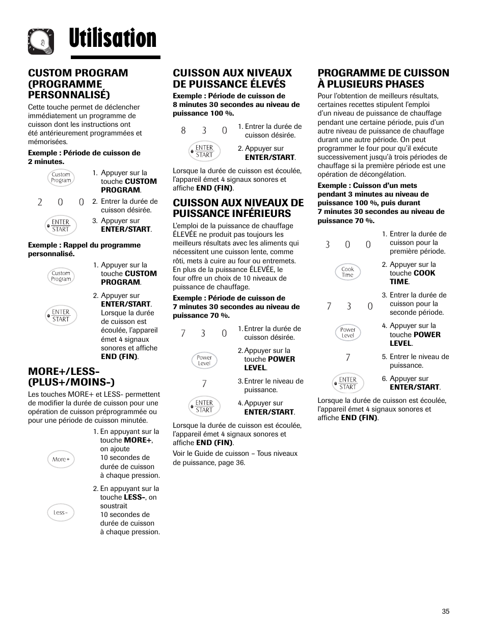 Utilisation, Custom program (programme personnalisé), More+/less- (plus+/moins-) | Cuisson aux niveaux de puissance élevés, Cuisson aux niveaux de puissance inférieurs, Programme de cuisson à plusieurs phases | Maytag MMV5165AAS User Manual | Page 35 / 80