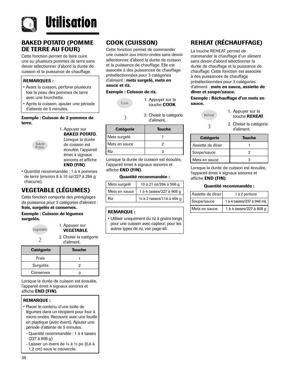 Utilisation, Reheat (réchauffage), Cook (cuisson) | Baked potato (pomme de terre au four), Vegetable (légumes) | Maytag MMV5165AAS User Manual | Page 38 / 80