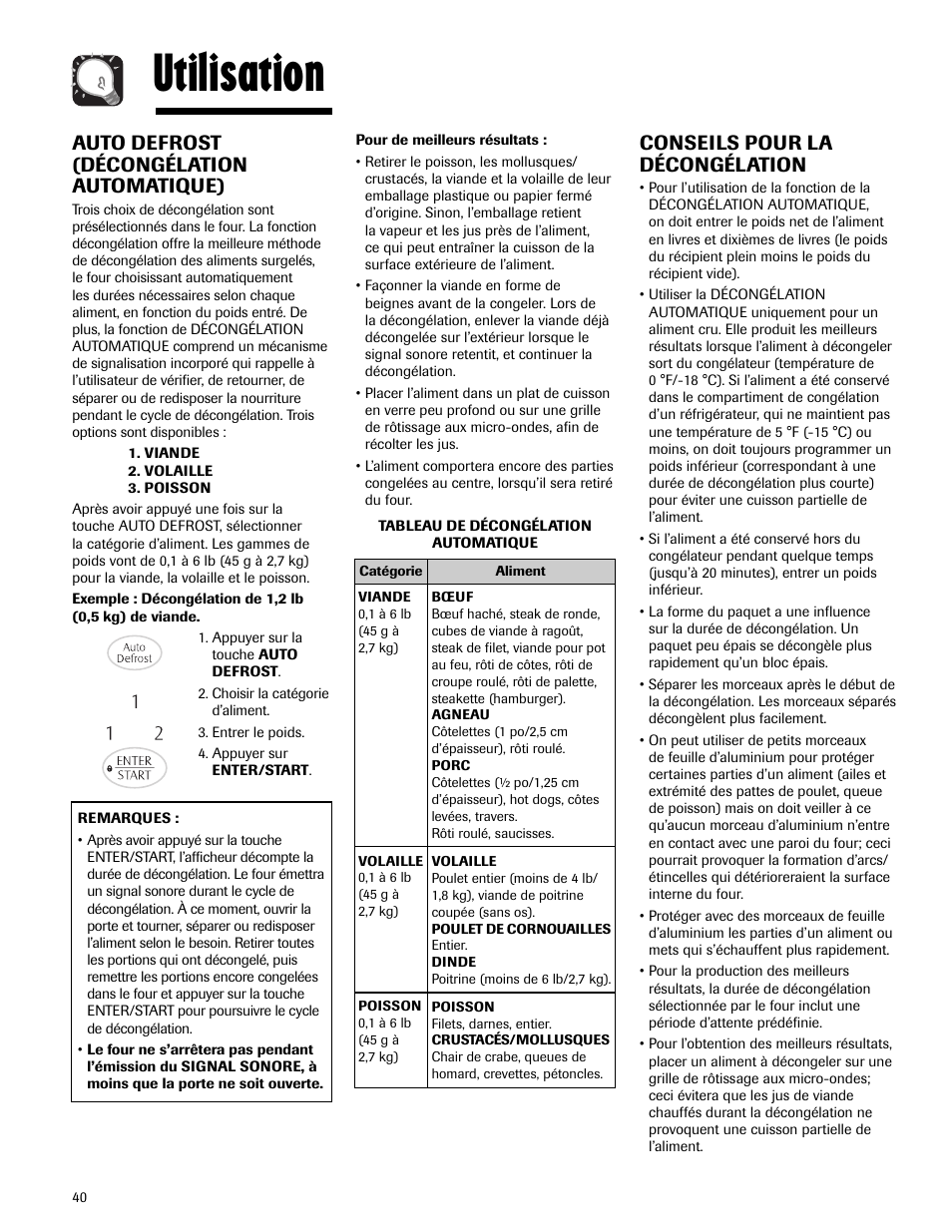Utilisation, Auto defrost (décongélation automatique), Conseils pour la décongélation | Maytag MMV5165AAS User Manual | Page 40 / 80