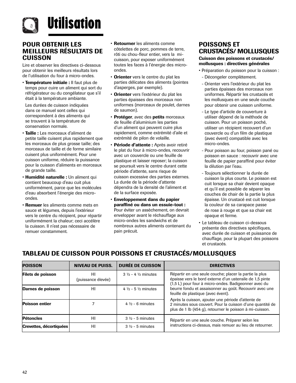 Utilisation, Pour obtenir les meilleurs résultats de cuisson, Poissons et crustacés/ mollusques | Maytag MMV5165AAS User Manual | Page 42 / 80