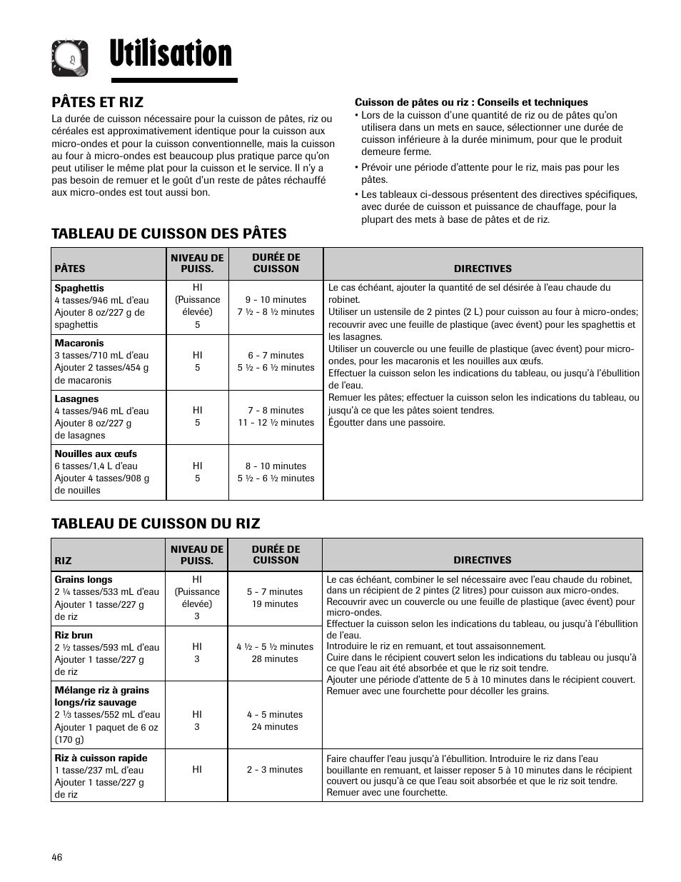 Utilisation, Pâtes et riz, Tableau de cuisson des pâtes | Tableau de cuisson du riz | Maytag MMV5165AAS User Manual | Page 46 / 80