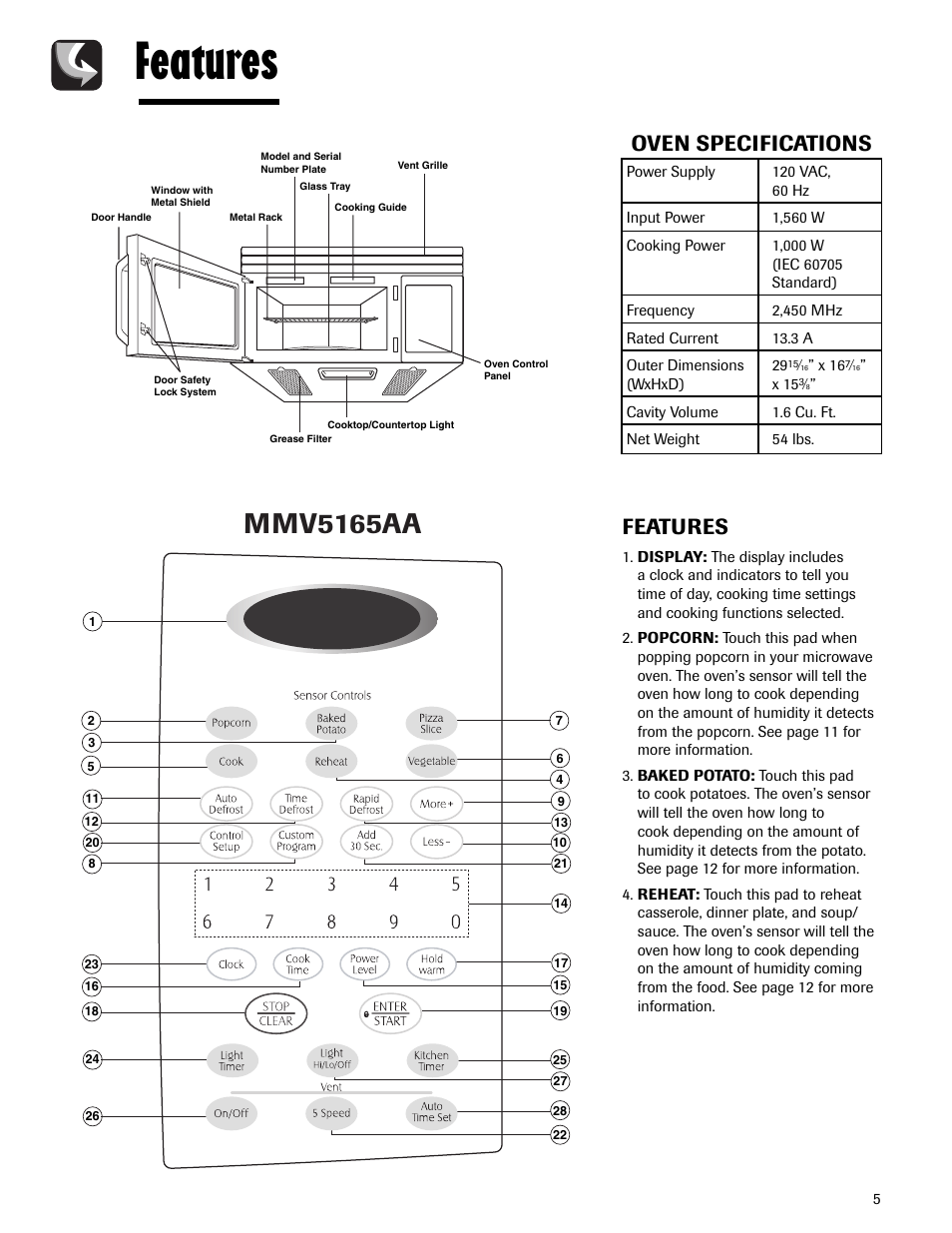 Features, Mmv5165aa, Oven specifications | Maytag MMV5165AAS User Manual | Page 5 / 80